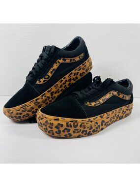 Vans Old Skool Platform Leopard Print Sz W 9 M 7.5 Black Tan Low Top Sneakers